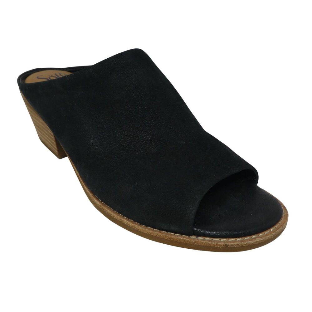 Sofft Aneesa Black Leather Peep Toe Heeled Mule Sandals
